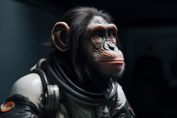a chimpanzee wearing an astronaut helmet