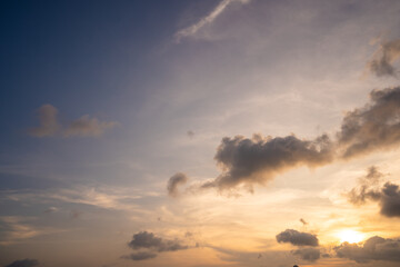 Beautiful view of sky with clouds at sunrise. Partly cloudy. Colorful sunset. Natural sky background texture, beautiful color.
