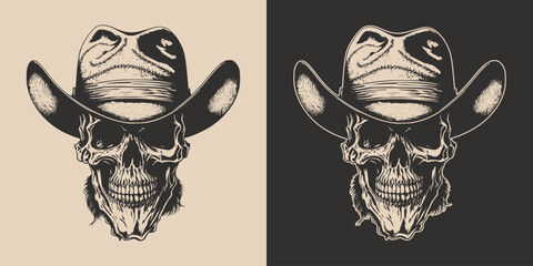 Set of vintage retro scary hipster cawboy skull in hat. Can be used like emblem, logo, badge, label. mark, poster or print. Monochrome Graphic Art. Vector. Hand drawn element in engraving