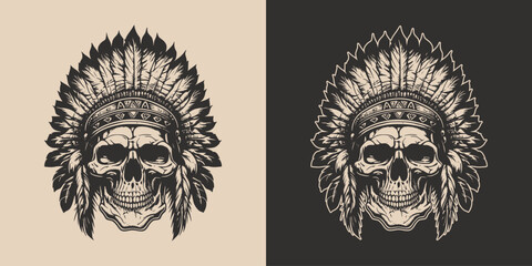 Set of vintage retro scary native american indian apache chief skull with feathers. Can be used like emblem, logo,. Monochrome Graphic Art. Vector. Hand drawn element in engraving