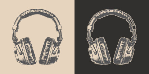 Set of vintage retro engraving stereo studio headphones. Can be used like emblem, logo, badge, label. mark, poster or print. Monochrome Graphic Art. Vector. Hand drawn element in engraving