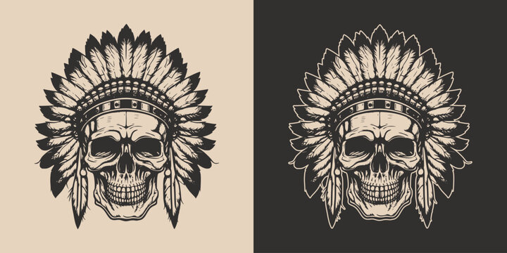 Set of vintage retro scary native american indian apache chief skull with feathers. Can be used like emblem, logo,. Monochrome Graphic Art. Vector. Hand drawn element in engraving