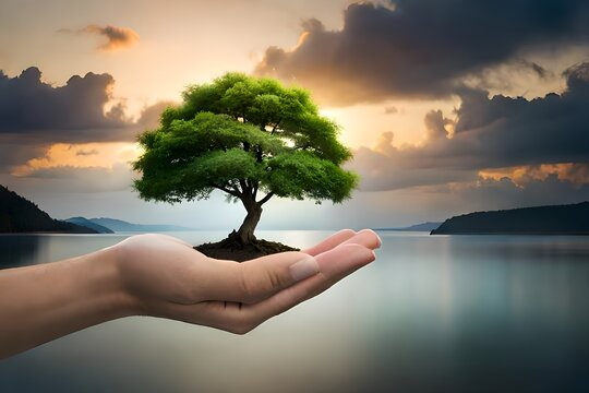A hand holding tree represents the eco friendly green environment Generative AI