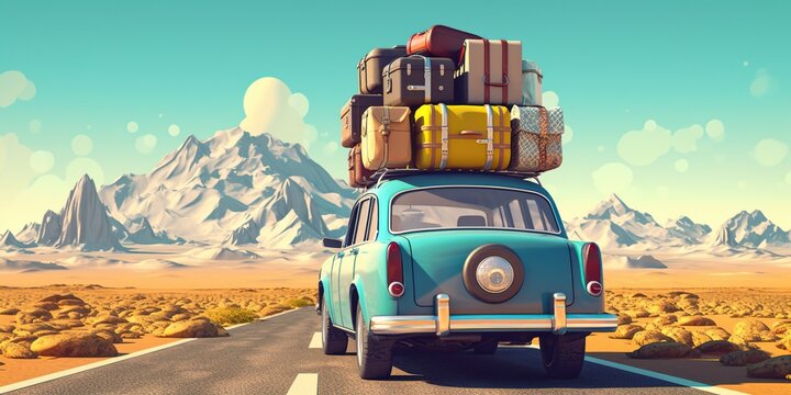 Trip to travel by car in a beautiful landscape with transport overloaded with suitcases, concept of Excessive burden, created with Generative AI technology