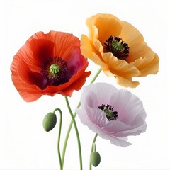 Bouquet of colourful poppy poppies flower plant with leaves isolated on white background. Flat lay, top view. macro	