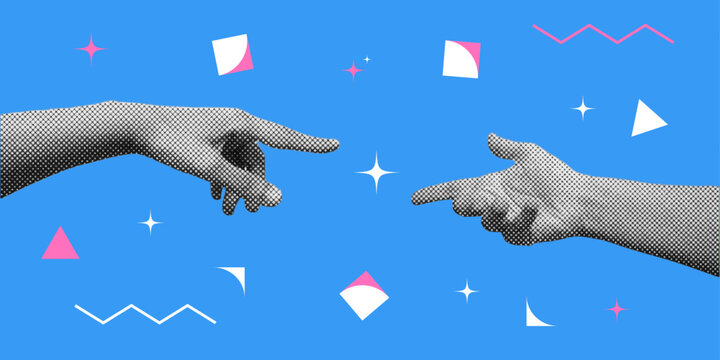  Set of hands. Isolated blue background. Collage elements for a message using the hands. Vintage illustration with dotted pop art. 