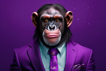 A chimpanzee turned human dressed in a suit and tie poses on a purple background. Generative AI