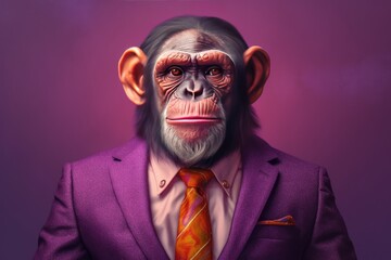 A chimpanzee turned human dressed in a suit and tie poses on a purple background. Generative AI