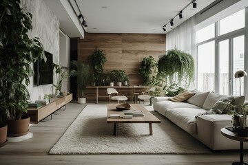 Fototapeta na wymiar Beautiful cosy interior with lots of interior plants. Generative Ai