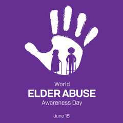Fototapeta premium World Elder Abuse Awareness Day design with silhouette of elders with walking stick and a hand palm. Vector illustration
