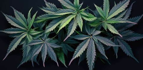 A bunch of green marijuana leaves on a black background for medicinal and therapeutic use. Generative AI