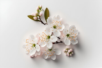Bouquet of sakura cherry blossom flower plant with leaves isolated on white background.. Flat lay, top view. macro	