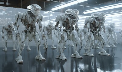 Large number of robots in a laboratory or hangar facility. Futuristic AI technology. Generative Ai
