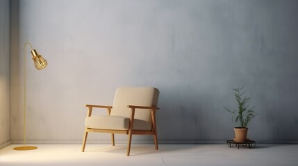 Minimalistic interior with arm chair and a lamp in an empty room. Generative Ai