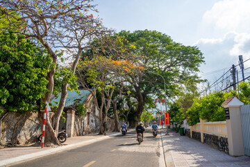 view of main road which leads along the coastline mountains in Con Son town. Con Dao island is one of the famous destinations in southern Vietnam