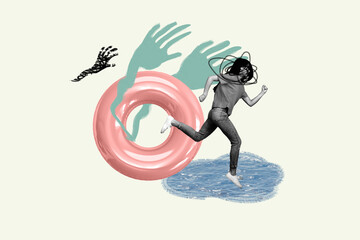 Creative collage picture of black white gamma mini person drawing mess instead head run away...