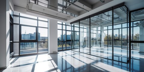 Modern office building interior with glass walls frames. Generative Ai