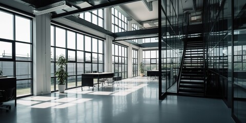 Modern office building interior with glass walls frames. Generative Ai