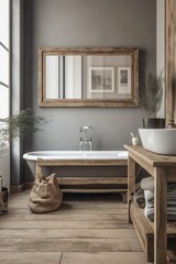 Fototapeta na wymiar Beautiful bathroom , scandinavian style with floor plants and decorations. Generative Ai