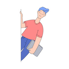 Smiling Man Character Looking Out of Corner with Tablet Vector Illustration