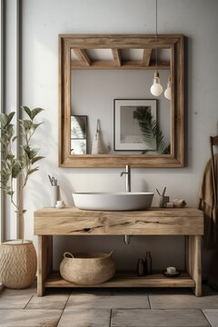 Beautiful bathroom , scandinavian style with floor plants and decorations. Generative Ai