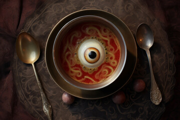 A bowl of halloween eyeball soup. Generative ai
