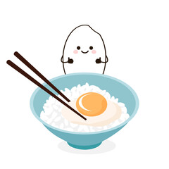 Rice bowl, chopsticks, fried egg and rice seed cartoon isolated on white background vector.