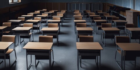 A group of empty desks, signifying the widening gap in access to quality education, concept of Education Inequality, created with Generative AI technology