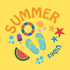 Banner de verano con accesorios para la playa de colores sobre un fondo amarillo brillante. Vista de frente y de cerca. Icono vector