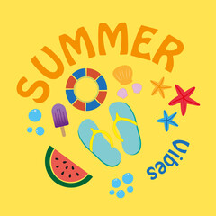 Banner de verano con accesorios para la playa de colores sobre un fondo amarillo brillante. Vista de frente y de cerca