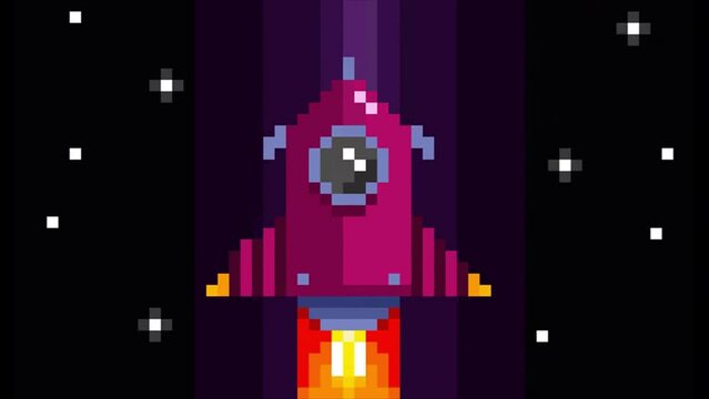 Purple rocket flies into space. Pixel art  style