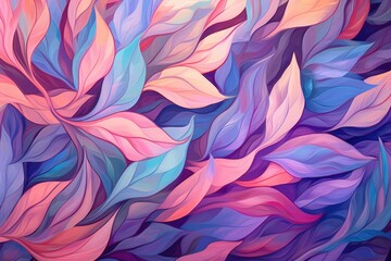 Fototapeta na wymiar Beautiful background of an artistic abstract print of leaves in shades of purple, pink, and green. Generative AI