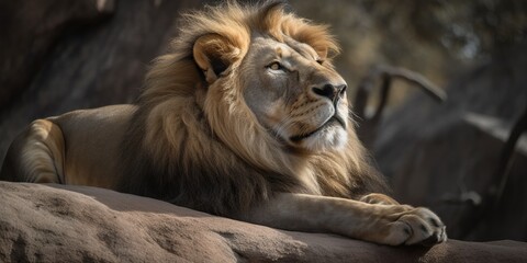 Naklejka premium A majestic lion resting on a rock, surveying its surroundings with pride, concept of Biodiversity conservation, created with Generative AI technology