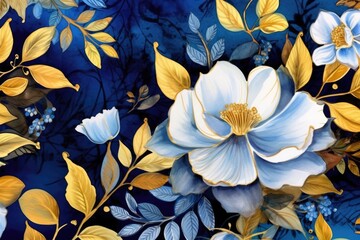 Beautiful blue and yellow floral wallpaper, in the style of luminous watercolors. Generative AI