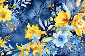 Obraz premium Beautiful blue and yellow floral wallpaper, in the style of luminous watercolors. Generative AI
