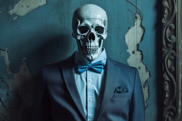 Gentleman skull with bow tie in a dark hallway, in the style of photorealistic urban scenes. Creative AI