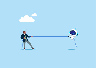 Businessman versus cyborg with artificial intelligence pulling opposite ends of rope. Flat vector illustration