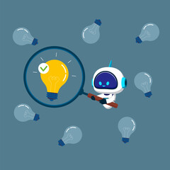 Robot with artificial intelligence using a magnifying glass with a light bulb. Validate Your Idea. Find a problem. Flat vector illustration.