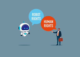 Rights Businessman versus cyborg with artificial intelligence. Flat vector illustration