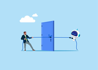Businessman and cyborg with artificial intelligence pulling door with rope, struggles in market competition. Human versus artificial intelligence. Flat vector illustration