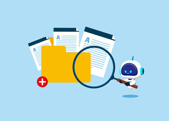 Robot with artificial intelligence holds magnifying glass and add files to big folder. Storage and indexing of information. User and data archive. Database, searching info. Flat vector illustration