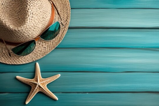 Illustration for summer vacation of a Hat, glasses, and starfish on a blue wooden background, in the style of serene seascapes. Generative AI