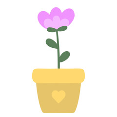Flower in a pot. Cute little pot with a heart. Flowering plant. Vector illustration in a flat style.