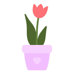 Cute tulip in a pot. Heart on a pot. Spring Flower. Vector illustration in a flat style.