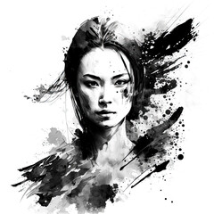Ink Painted Portrait of Beautiful Woman Black and White Graphic. Isolated on White Background