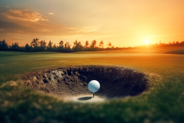 Golf ball at sunset on the bunker in a golf park. Generative Ai Illustration.
