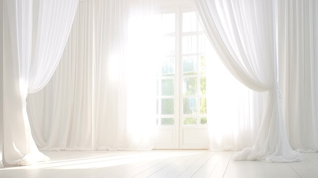 Minimalistic White Interior with Sunny Window and Curtains. AI generative. Bright Warm Tones, Bridal Mock Up.