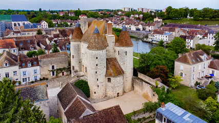 Aerial view of the medieval castle of Nemours in the town of the same name in the Loing valley...