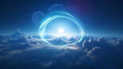 cloud clouds frame blue light, in the style of circular abstraction, 8k resolution, cosmic symbolism, dark symbolism, ethereal landscape, generat ai