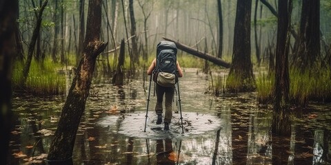 Obraz na płótnie Canvas Rear view of tourist with a backpack and a stick during a hike wades through floods swamp to the lake, concept of Muddy terrain exploration, created with Generative AI technology